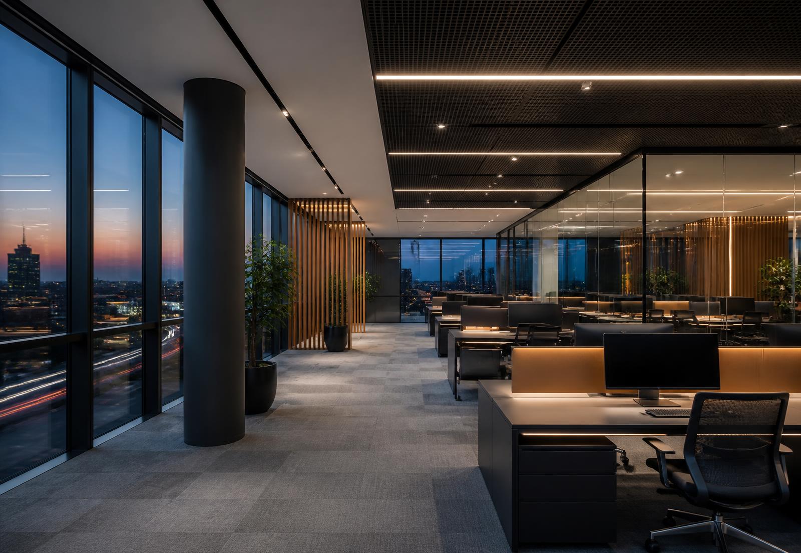 Escritório moderno em open space com iluminação linear eficiente ao anoitecer