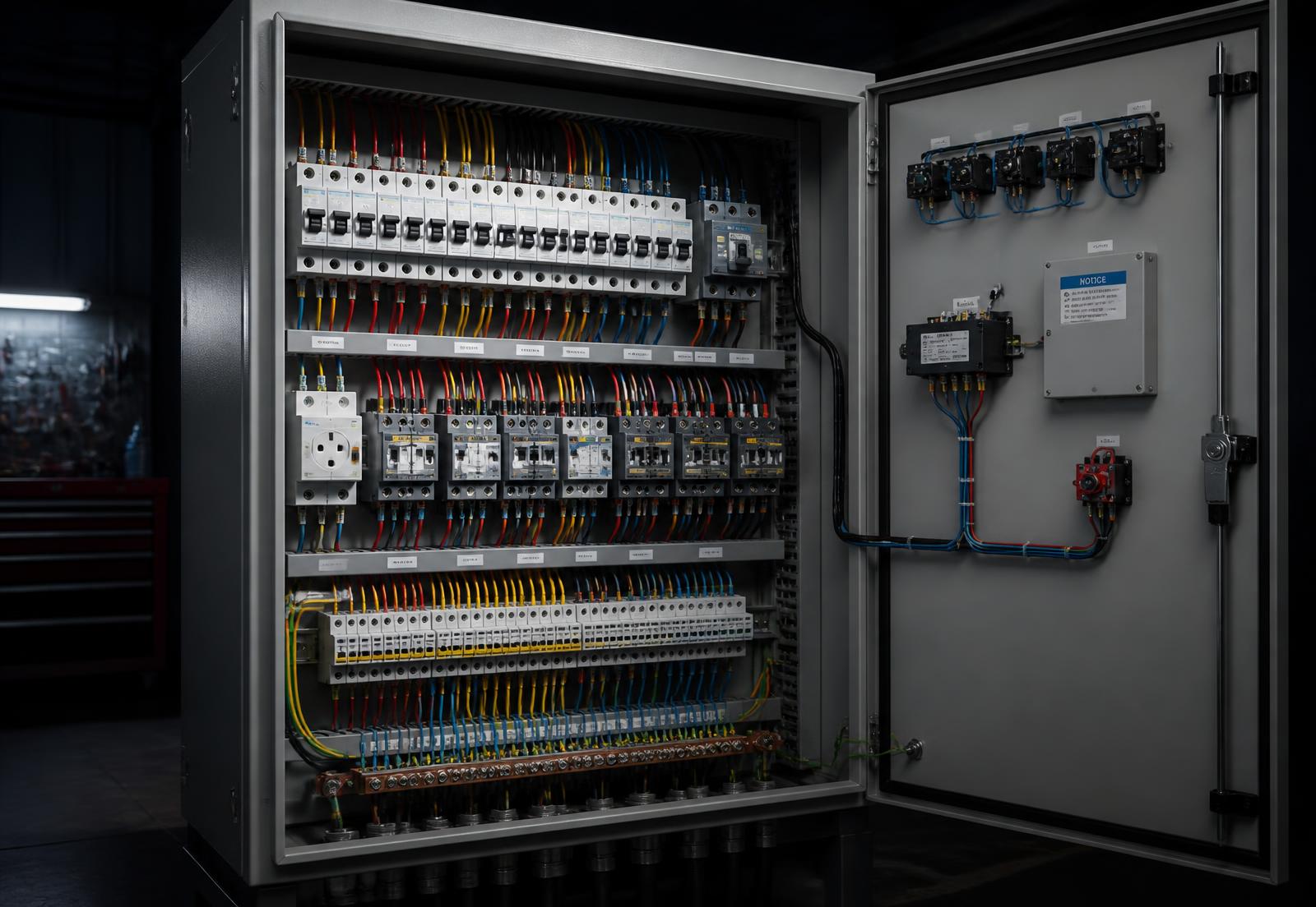 Quadro elétrico com cablagem organizada, disjuntores e identificação técnica